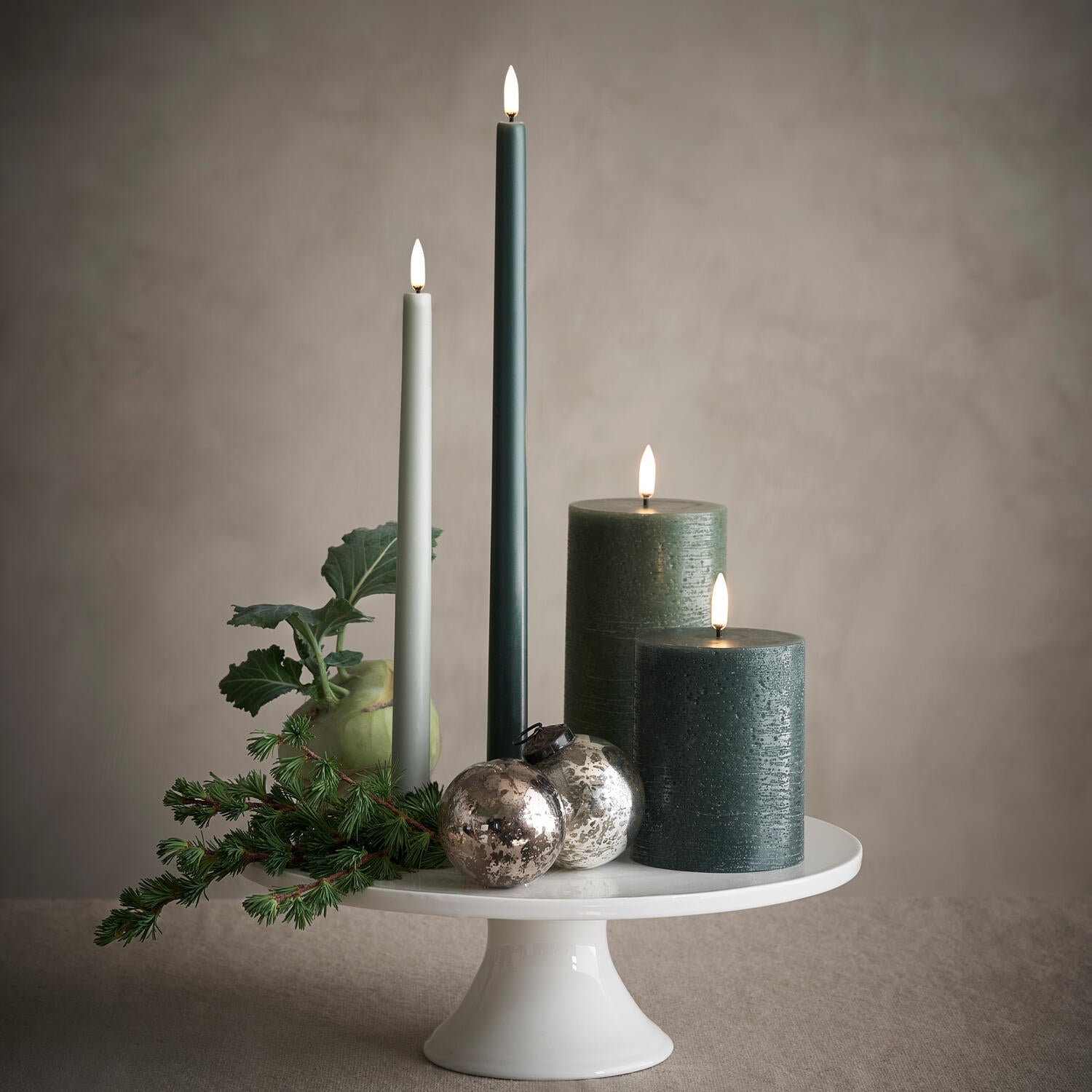LED Rustic Pillar lys, Olive Green - H10 cm.